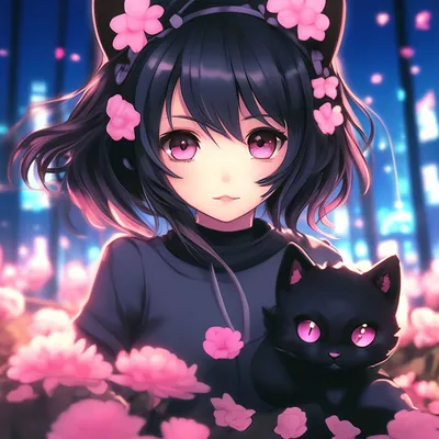 Милая чёрная аниме кошка девочка …» — создано в Шедевруме
