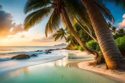 Пляж с пальмами и пляж на фоне заката | Премиум Фото