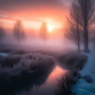 утренний зимний морозный пейзаж с туманом и лесом на берегу реки, Россия,  Урал, январь Stock-Foto | Adobe Stock