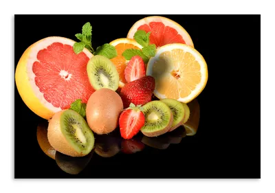 спелые, сочные фрукты и ягоды: яркий красный сочный грейпфрут, зеленый  киви, желтый банан, черешня, мята, абрикос и зеленое яблоко Stock-Foto |  Adobe Stock