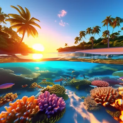 Восход, пляж, море, пальмы, …» — создано в Шедевруме