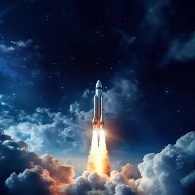 Космическая ракета запускается в космос на фоне планеты Земля. Космический  корабль летает в звездном небе с голубой планетой стоковое фото ©alonesdj  331855824