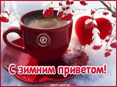 Яркая открытка с зимним приветом, на которой изображена крсня чашка с кофе  на снегу и гроздья рябины. | Открытки, Рябина, Кофе
