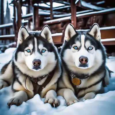 Две собаки хаски лежат на снегу, …» — создано в Шедевруме