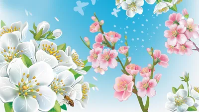 Скачать обои весна, пчела, ветки, вектор, цветы, раздел природа в  разрешении 1920x1080