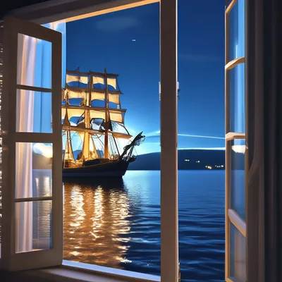 Вид из окна на ночное море и …» — создано в Шедевруме