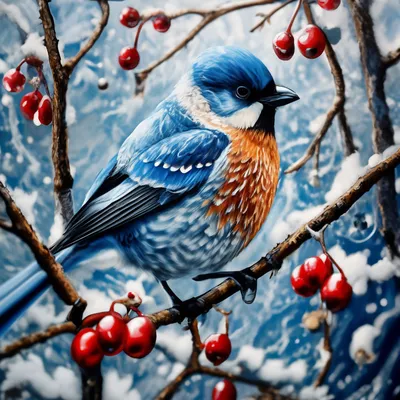 Синий, зима, птица, ягода, …» — создано в Шедевруме