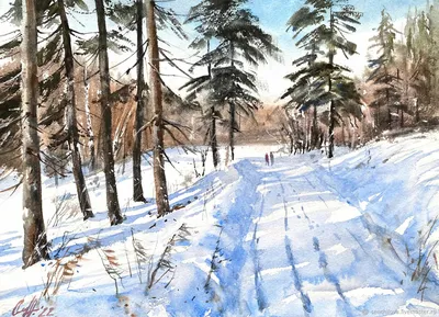 Картина акварелью \"Зима в лесу. Снежный день\" зимний пейзаж купить в  интернет-магазине Ярмарка Мастеров по цене 3400 ₽ – ROZVWBY | Картины,  Москва - доставка по России