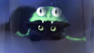 Фото Черная нарисованная кошка на ярко зеленом фоне