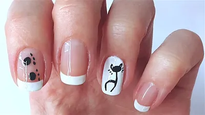 Френч маникюр с рисунком \"Кошка\" / Кошка на ногтях - YouTube