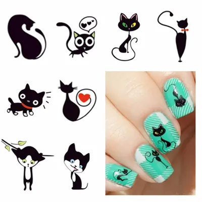 24 шт./компл. Kawaii рисунок мультяшной кошки искусственные ногти  самоклеящиеся животные дизайнерские Детские накладки для ногтей украшение  для дизайна ногтей | AliExpress
