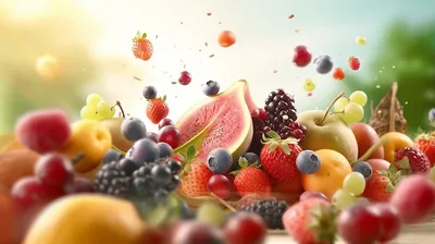 Связка фруктов и ягод летит в воздухе. | Премиум Фото