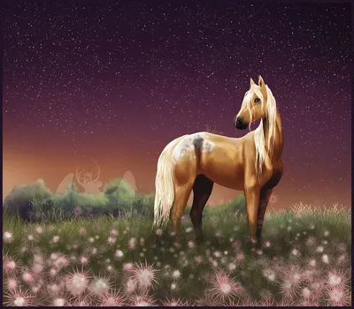 Обои на рабочий стол Красивая лошадь стоит в поле на фоне звездного неба,  by Nikkayla, обои для рабочего стола, скачать обои, обои бесплатно