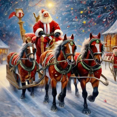 Новогодняя тройка лошадей в санях …» — создано в Шедевруме