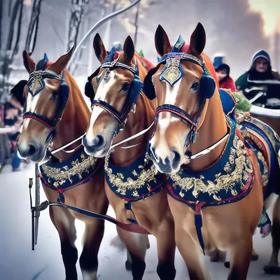 Новогодняя тройка лошадей с дедом морозом - 58 фото