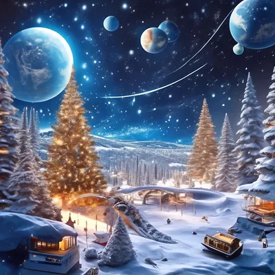 Новый год в космосе,снег, елки, …» — создано в Шедевруме