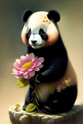 Панда с цветами | Премиум Фото