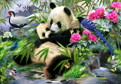 Панда с цветами | Пикабу