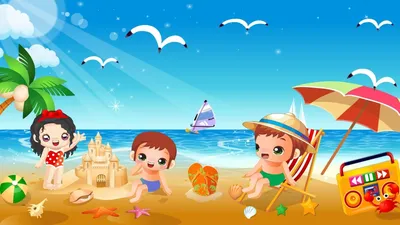летний пляж пейзаж с детьми, плавающими и играющими в мяч. детей в море на  резиновых кольцах. Карикатура Иллюстрация вектора - иллюстрации  насчитывающей браслетов, ребенок: 241622773