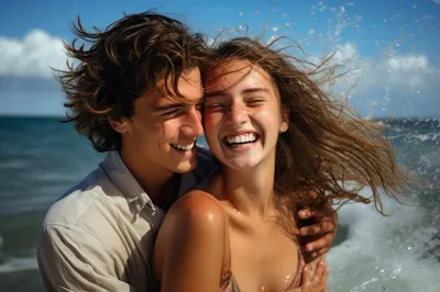 Счастливая романтические женщина и мужчина пар, сидя на пляже недалеко от  моря и объятия друг друга Стоковое Изображение - изображение насчитывающей  океан, мужчина: 200638833