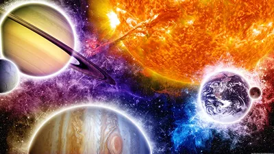 Обои на рабочий стол Оранжевое солнце и несколько планет в космосе, обои  для рабочего стола, скачать обои, обои бесплатно