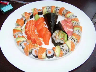 Sushi Set On Black Background, Top View. Japanese Food. Фотография, картинки,  изображения и сток-фотография без роялти. Image 205387842