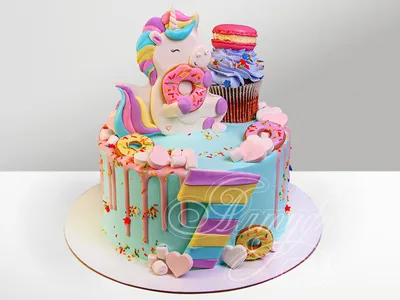 Торт Единорог и разноцветные сладости детский торт на 1 годик заказать с  доставкой в СПб на дом