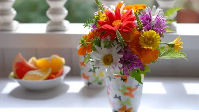 Скачать обои и картинки ваза, букет, цветы, фрукты, тень для рабочего стола  в разрешении 1920x1080