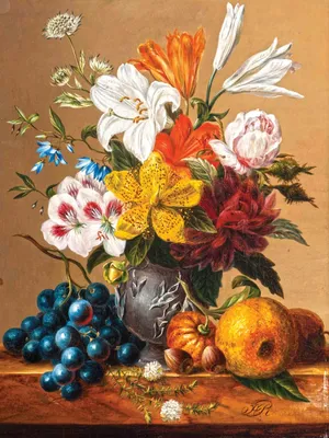 ₴ Купить репродукцию картины натюрморт | Цветы, фрукты и орехи | художник  Рикерс Хендрик
