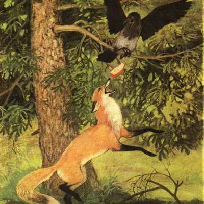 Схема вышивки «лиса и ворона с сыром комикс» (№47238) - Вышивка крестом