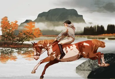 Фото Всадник сидит на стоящей на дыбах лошади на фоне заката солнца