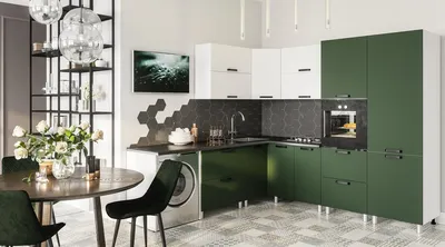 Яркая зеленая матовая кухня из ЛДСП для квартиры - студии, Екатеринбург