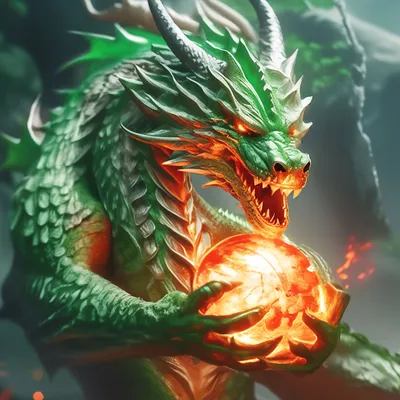 Зелёный дракон с стихией огня, 4k…» — создано в Шедевруме