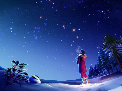 Девочка в зимней одежде смотрит на звёзды — Картинки на аву