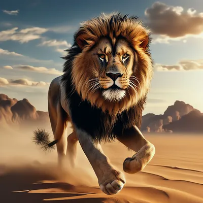 Пустыня, бегущий лев, солнце, …» — создано в Шедевруме
