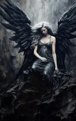 Обои на рабочий стол Девушка - ангел с черными крыльями наклонила голову,  обои для рабочего стола, скачать обои, обои бесплатно