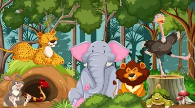 Мультфильм диких животных в джунглях | Премиум векторы