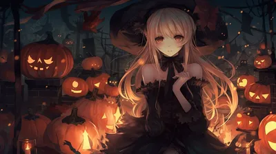 аниме девушка в костюме хэллоуина сидит перед тыквами, хэллоуин аниме  картинка, Хэллоуин, животное фон картинки и Фото для бесплатной загрузки