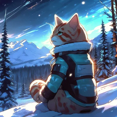 Котик виде аниме зима лес горы» — создано в Шедевруме