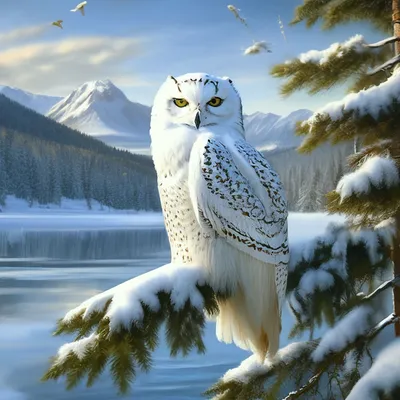 Белая сова неясыть зимой на дереве…» — создано в Шедевруме
