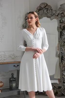 Купить Белое платье миди с пуговками из атласа с летящей юбкой в Казани в  салоне платьев по выгодной цене
