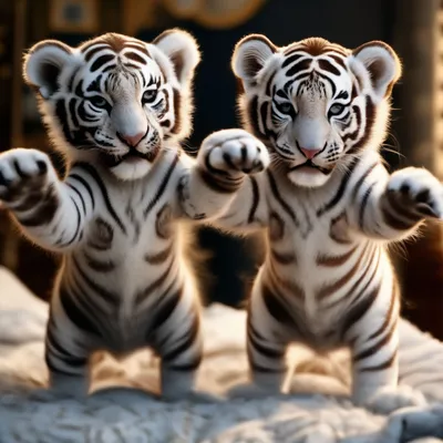Белые тигрята танцуют на кровати , …» — создано в Шедевруме