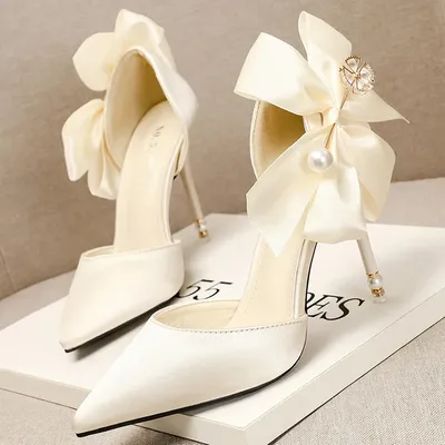 2023 элегантные женские туфли-лодочки на каблуке 10 см/7,5 см белые туфли-лодочки  с узлом-бабочкой атласные туфли-лодочки с красным жемчугом женская  свадебная обувь | AliExpress