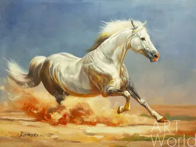 Картина маслом \"Белый конь. Быстрее ветра\" 75x100 SK200104 купить в Москве