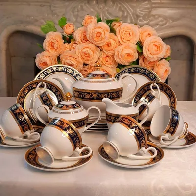 Чайный сервиз из костяного фарфора на 6 персон 14 предметов белый/декор  серия Прованс Anna Lafarg AL-214P-E11 с доставкой - Posudamart.Ru