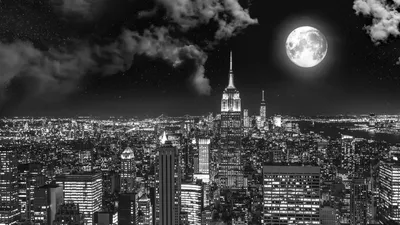 Скачать 1920x1080 ночной город, чб, полнолуние, нью-йорк, сша обои,  картинки full hd, hdtv, fhd, 1080p