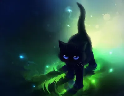 Фото Черная нарисованная кошка на ярко зеленом фоне