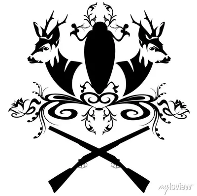 Охота эмблема с оленьими головами и пушками черно-белый векторный плакаты  на стену • плакаты лани, красивый, икра | myloview.ru