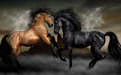 Черные лошади скачут через темный …» — создано в Шедевруме