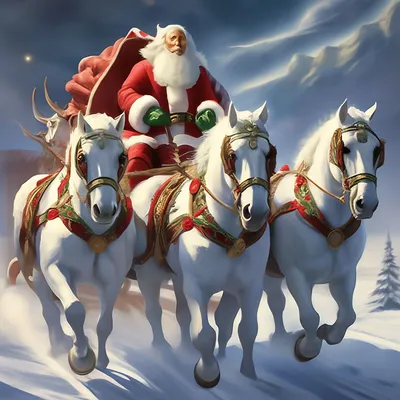 Дед мороз на тройке лошадей картинки
